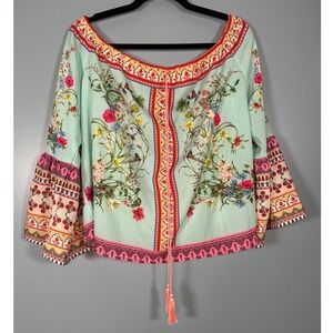 Umgee Women's Blue Pink Floral Print Off Shoulder Tassel Bell Sleeve Boho Top M